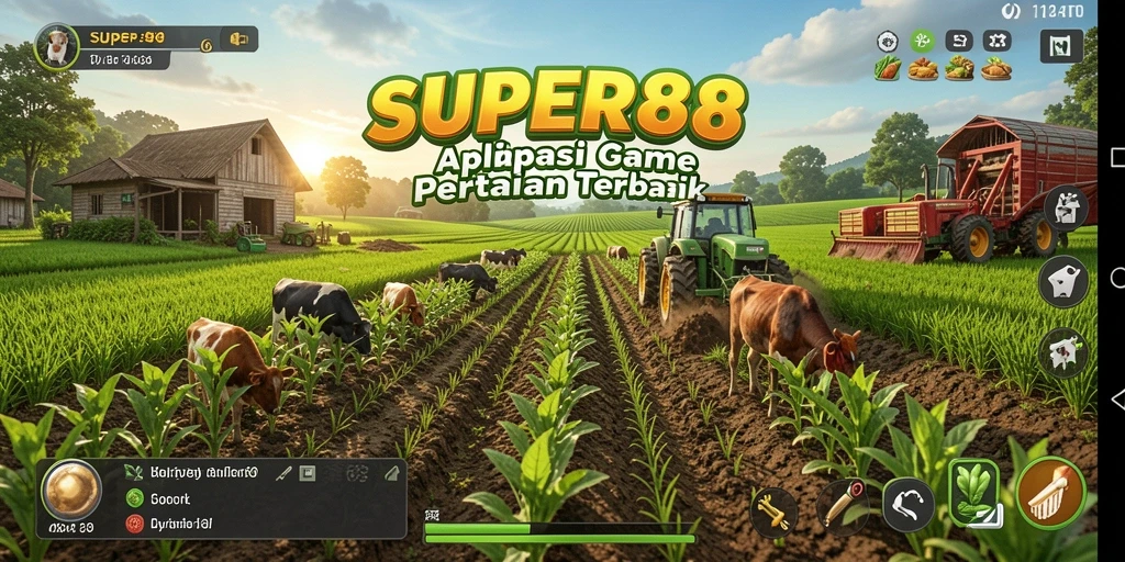 Screenshot gameplay SUPER88 menampilkan ladang yang subur dan aktivitas bertani.
